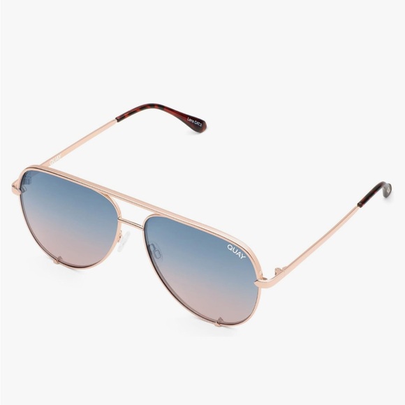 Quay High Key Mini (Large) Aviator Sunglasses Rose Gold Multi Blue New - Picture 2 of 12